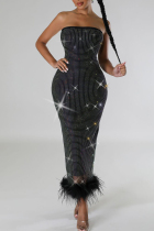 Black Sexy Patchwork Backless High Slit Zipper Feather Hemline Strapless Long Dresses