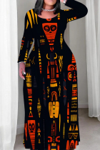 Red Yellow Casual Print Patchwork O Neck Straight Plus Size Dresses