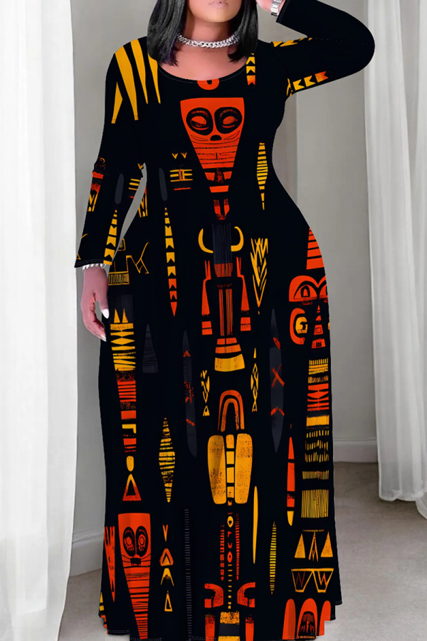 Red Yellow Casual Print Patchwork O Neck Straight Plus Size Dresses
