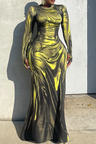 Yellow Elegant Solid Color Patchwork Ruched O Neck Long Dresses