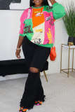 Black Casual Print Basic O Neck Tops