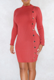 Black Casual Solid Color Buttons Patchwork Half A Turtleneck Wrapped Skirt Dresses