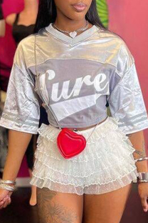 Light Gray Casual Letter Print Patchwork V Neck T-Shirts