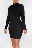 Black Casual Solid Color Buttons Patchwork Half A Turtleneck Wrapped Skirt Dresses