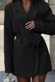 Grey Casual Solid Color Pocket Patchwork Flowers Turn-back Collar Outerwear