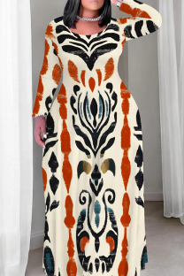 Cream White Casual Print Patchwork O Neck Straight Plus Size Dresses