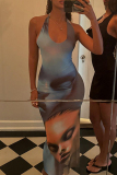 Blue Elegant Print Patchwork Backless Strap Design Halter Long Dresses