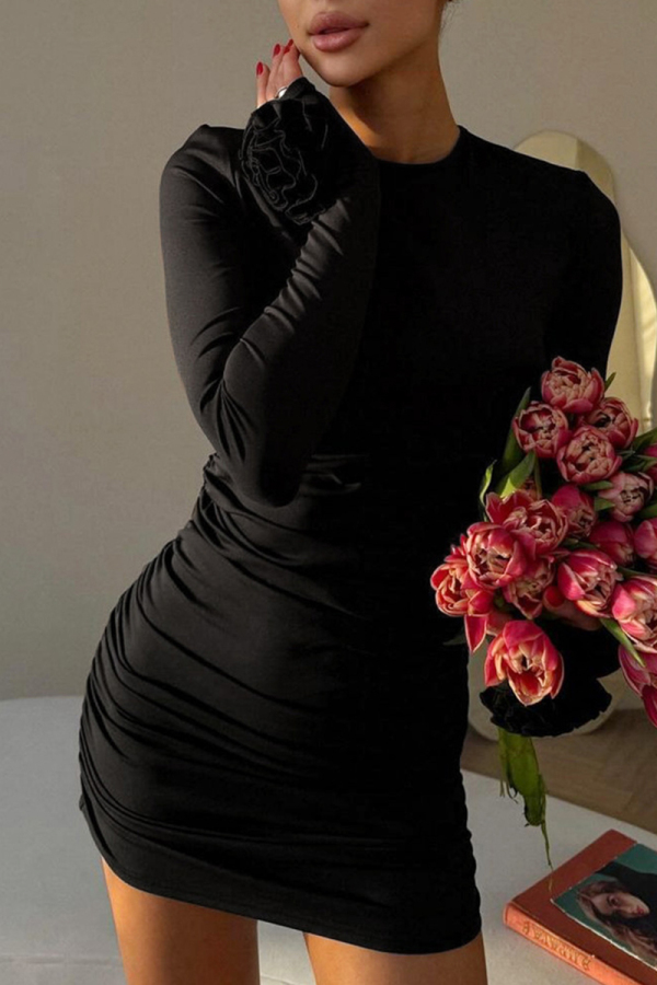 Black Sexy Solid Color Patchwork Flower Shape O Neck Wrapped Skirt Dresses