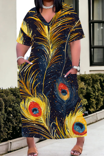 Yellow And Blue Casual Print Pocket Patchwork V Neck Straight Plus Size Dresses
