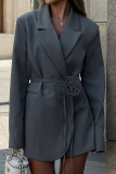 Grey Casual Solid Color Pocket Patchwork Flowers Turn-back Collar Outerwear