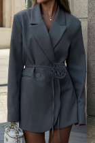 Grey Casual Solid Color Pocket Patchwork Flowers Turn-back Collar Outerwear