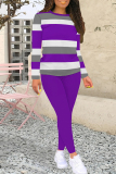 Pink Casual Stripe Patchwork O Neck Long Sleeve Two Pieces