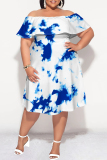 Deep Blue Sexy The stars Letter Print Ruffle Contrast Off Shoulder Printed Plus Size Dresses