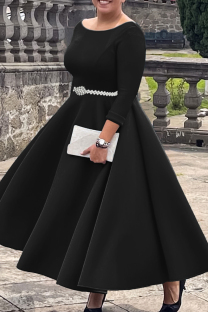 Black Elegant Solid Color Patchwork Zipper O Neck A Line Dresses