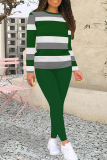 Pink Casual Stripe Patchwork O Neck Long Sleeve Two Pieces