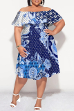 Deep Blue Sexy The stars Letter Print Ruffle Contrast Off Shoulder Printed Plus Size Dresses