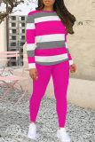Pink Casual Stripe Patchwork O Neck Long Sleeve Two Pieces