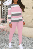 Pink Casual Stripe Patchwork O Neck Long Sleeve Two Pieces