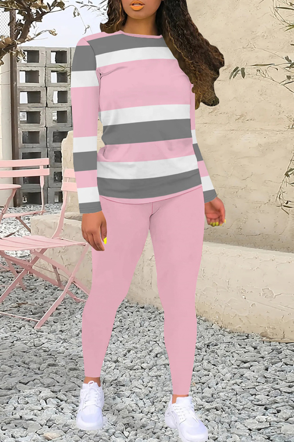 Pink Casual Stripe Patchwork O Neck Long Sleeve Two Pieces