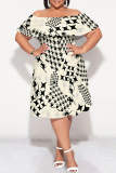 Deep Blue Sexy The stars Letter Print Ruffle Contrast Off Shoulder Printed Plus Size Dresses