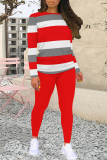 Pink Casual Stripe Patchwork O Neck Long Sleeve Two Pieces