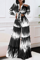 Black Casual Print Patchwork Strap Design Deep V Neck Long Sleeve Two Pieces