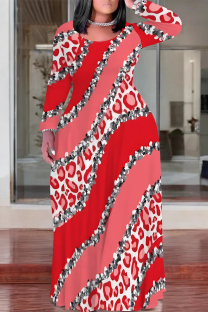 Red Casual Camouflage Print Stripe O Neck Printed Plus Size Dresses