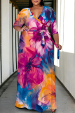 Multicolor Casual Flowers Stripe Chain print Lace Up Contrast V Neck Printed Plus Size Dresses