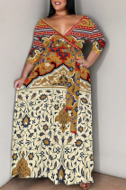 Beige Casual Flowers Stripe Chain print Lace Up Contrast V Neck Printed Plus Size Dresses