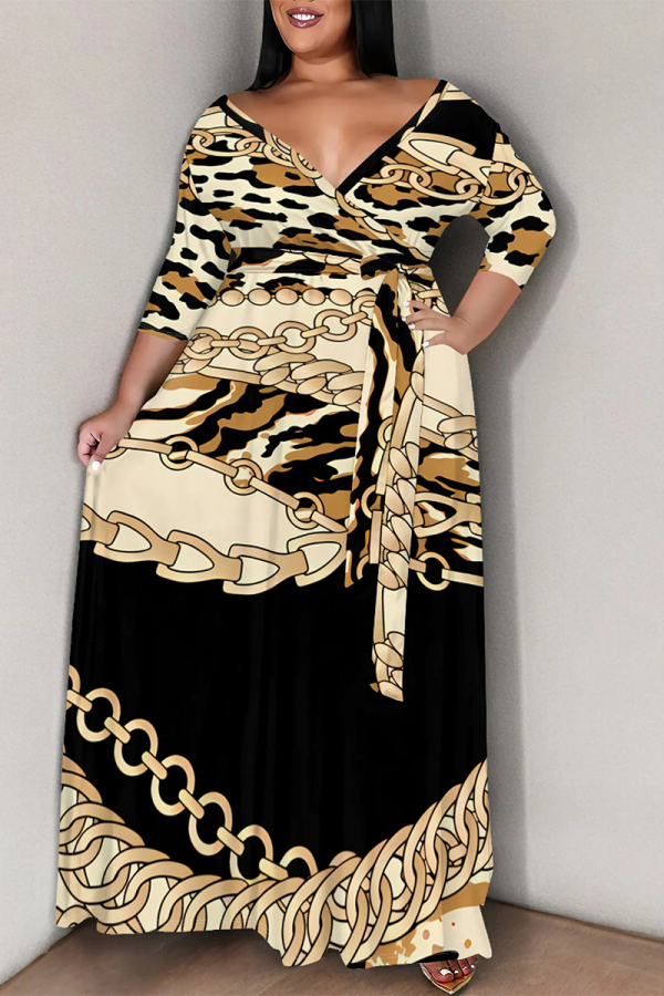 Leopard Print Casual Flowers Stripe Chain print Lace Up Contrast V Neck Printed Plus Size Dresses