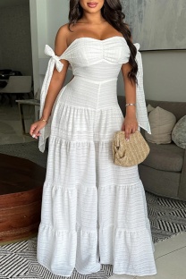 White Sexy Casual Solid Color Backless Belted Off Shoulder Fitted Jumpsuits