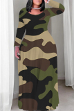 Red Casual Camouflage Print Stripe O Neck Printed Plus Size Dresses