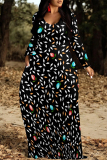 Black And White Casual Colorblock Floral Print The stars Pocket Contrast O Neck Printed Dresses
