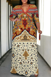 Multicolor Casual Flowers Stripe Chain print Lace Up Contrast V Neck Printed Plus Size Dresses