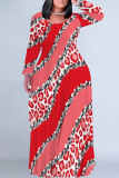 Red Casual Camouflage Print Stripe O Neck Printed Plus Size Dresses