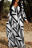 Black And White Casual Colorblock Floral Print The stars Pocket Contrast O Neck Printed Dresses