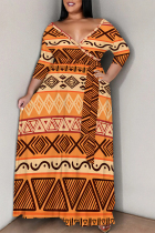 Orange Casual Flowers Stripe Chain print Lace Up Contrast V Neck Printed Plus Size Dresses