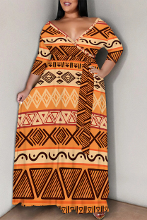 Orange Casual Flowers Stripe Chain print Lace Up Contrast V Neck Printed Plus Size Dresses