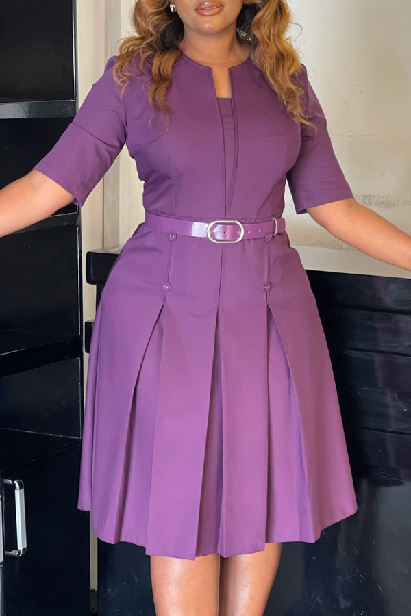 Purple Elegant Solid Color Patchwork Slit With Belt O Neck A Line Dresses