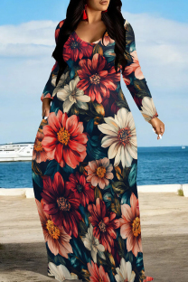 Multicolor Elegant Print Pocket Patchwork O Neck Long Dresses