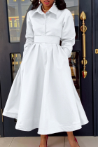 White Elegant Solid Color Pocket Buckle Patchwork Turndown Collar Long Dresses