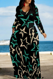 Black And White Casual Colorblock Floral Print The stars Pocket Contrast O Neck Printed Dresses