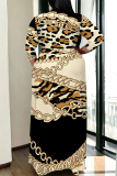 Multicolor Casual Flowers Stripe Chain print Lace Up Contrast V Neck Printed Plus Size Dresses