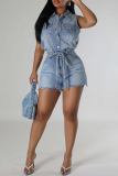 Blue Street Solid Color Pocket Buckle Patchwork Strap Design Turndown Collar Sleeveless Regular Denim Jumpsuits