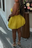 Yellow Sexy Solid Color Hollow Out Backless Belted Halter A Line Dresses