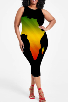 Black Casual Map Printing Patchwork O Neck Wrapped Skirt Plus Size Dresses