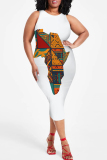 Red Green Casual Map Printing Patchwork O Neck Wrapped Skirt Plus Size Dresses