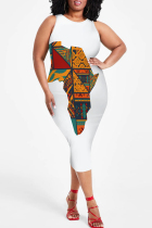 Cyan Casual Map Printing Patchwork O Neck Wrapped Skirt Plus Size Dresses