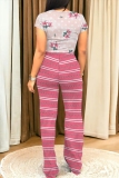 Rose Pink Casual Striped Print Floral Print Basic O Neck Short Sleeve Two Pieces