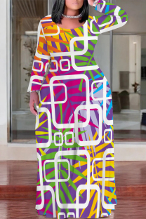Colour Casual Floral Print Graffiti Print Stripe Contrast O Neck Printed Plus Size Dresses